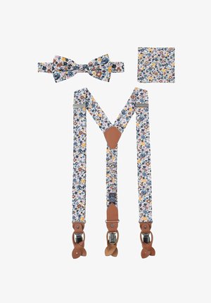 Fliegen mit Blumenmuster, Hosenträger und Einstecktuch-Set. Enthält mehrfarbige Blumen auf einem hellen Hintergrund mit braunen Lederakzenten.