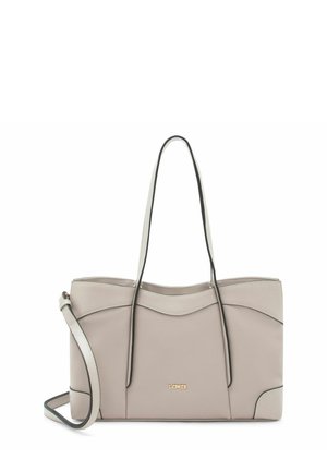 Bolso tote de cuero beige claro con largas asas de hombro y correa cruzada desmontable, con un pequeño logotipo dorado en la parte delantera.