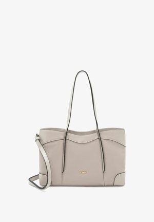 Sac cabas en cuir beige clair avec de longues anses et une bandoulière amovible, avec un petit logo doré sur le devant.