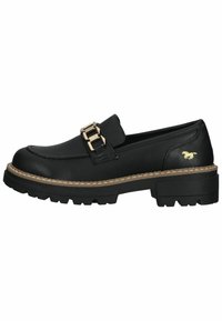 Mocassino in pelle nera con fibbia dorata, suola nera robusta, bordo cucito e piccolo design di un cavallo sul tallone.