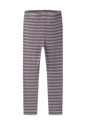 Legging côtelé pour enfants avec des rayures horizontales grises et violettes, longueur complète, taille élastique.