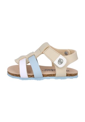 Sandalias de punta abierta en materiales sintéticos beige, blancas y azul claro; plantilla de corcho; correa ajustable con cierre a presión; suela texturada.