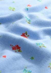 Țesătură albastru deschis cu dungi, cu modele florale mici roșii, verzi și albastre dispuse rar pe suprafață.