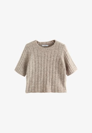 Pull en tricot à manches courtes de couleur brun clair, avec une texture côtelée et un col rond. Présente une forme boxy et des détails minimalistes.