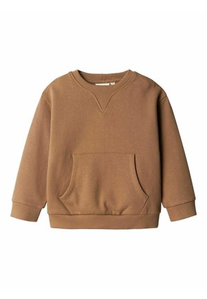 Brun langærmet pullover sweatshirt med en forreste kængurulomme og ribbet manchetter, halsudskæring og kant.