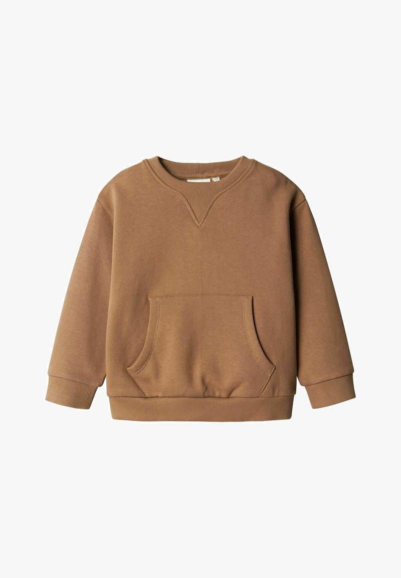 Sweat-shirt marron à manches longues avec une poche kangourou à l’avant et des poignets, un col et un ourlet côtelés.