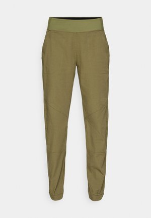 Olivenfarvede tapered bukser med elastisk talje, letvægtsstof og to sidelommer. Har diskret syninger og opsmøg ved nederkant.