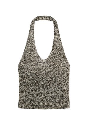 Haut halter en mailles noir et blanc mélangé, avec un décolleté plongeant et sans manches. Texture douce et ajustement confortable.
