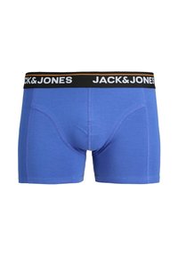 Sinised puuvillased bokserid musta vöökohaga, millel valged ja oranžid "JACK & JONES" logod. Sisaldab kujundatud õmblusi ja sileda tekstuuriga materjali.