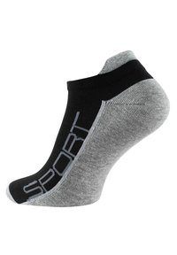 Calzino sportivo nero e grigio con un design a taglio basso, caratterizzato dalla stampa grigia "SPORT" sul lato e un tallone testurizzato per una migliore aderenza.
