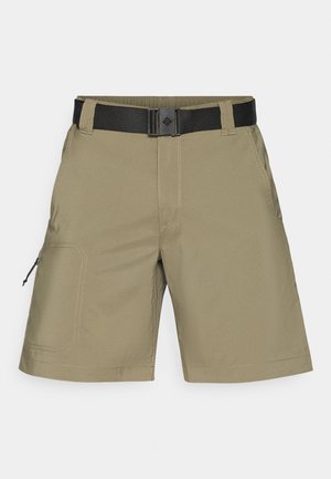 Shorts cargo en khaki clair avec une ceinture ajustable noire, poches latérales et poche zippée, fabriqués dans un tissu lisse et durable.