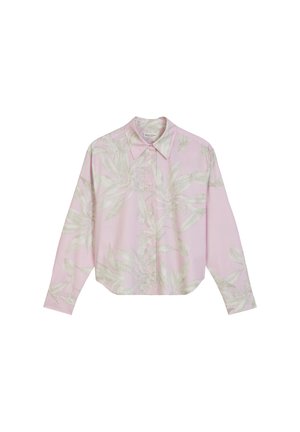 Pink long-sleeve shirt with a floral pattern in light green. Features a button-down collar and curved hem. Made from a smooth fabric.