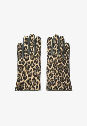 Gants à imprimé léopard avec un motif beige et noir, dotés d'un poignet élastique et d'une finition lisse. Fabriqués en matériau synthétique.