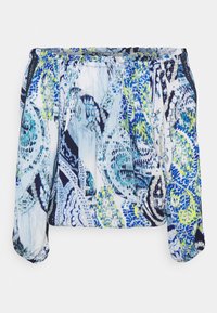 Blusa fuori spalle in tessuto leggero, caratterizzata da un motivo paisley blu e verde, con scollatura elastica e maniche a sbuffo.