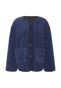 Veste en polaire bleu marine avec un col rond, des boutons à l'avant et deux grandes poches. Fabriquée dans un tissu texturé et doux.