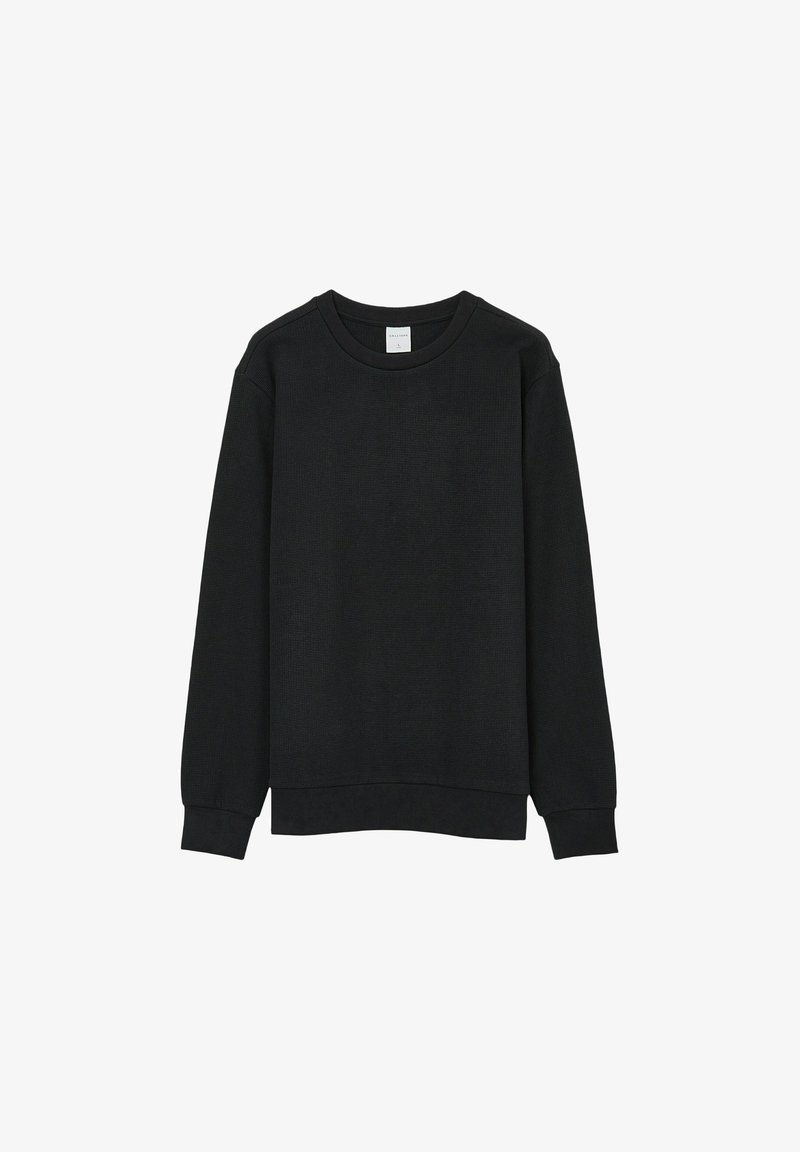Felpa nera con finitura texture, scollatura rotonda, maniche lunghe e polsini e bordo a coste. Design minimalista senza loghi visibili.