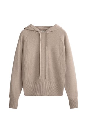 Beige hooded sweatshirt with ribbed texture, featuring a kangaroo pocket and drawstring. Designed with a relaxed fit and thick ribbed cuffs.