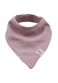 Bavoir en forme de bandana en coton rose, avec une texture douce et une fermeture à pression ; il présente une petite étiquette avec un design d'éléphant et des accents colorés.