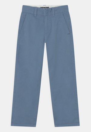 Pantalon bleu en coton pour hommes, coupe droite, avec passants pour ceinture, poches latérales et fermeture à glissière à l'avant.