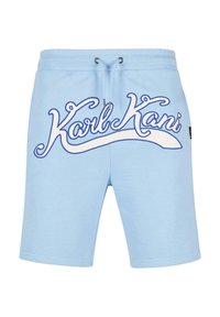 Light blue shorts made of soft fabric, featuring a decorative white and blue "Karl Kani" logo on the front, with an adjustable drawstring waist.