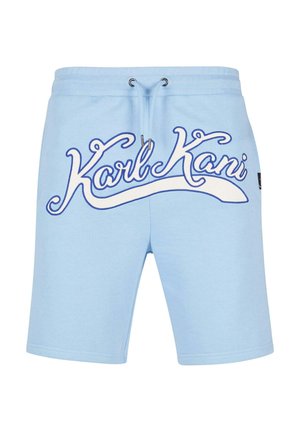 Svetlo modri šortsi iz mehkega materiala, okrašeni z belim in modrim logotipom "Karl Kani" na sprednji strani, z nastavljivim vrvico v pasu.