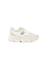 Białe sneakersy z kombinacją teksturowanej zamszowej i gładkiej skórzanej powierzchni, z wyściełanym kołnierzem, sznurowanym przodem i grubą podeszwą.