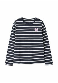 Marineblaue und weiße langärmelige Streifenbluse mit rundem Ausschnitt, die ein glitzerndes pinkfarbenes Herz auf der linken Brust zeigt. Weicher Stoff, lässige Passform.