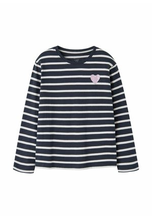 Granatowo-biała koszulka w paski z długim rękawem i okrągłym dekoltem, z różowym brokatowym sercem na lewej stronie klatki piersiowej. Miękka tkanina, luźny krój.