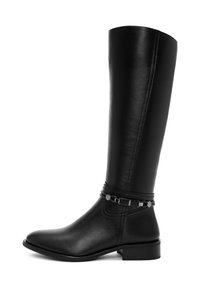 Black leather knee-high boot with a pointed toe, mid-low heel, and decorative strap with metal accents around the ankle.