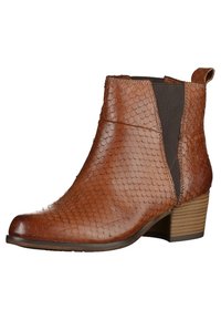 Botte cheville en cuir marron avec motif texturé en écailles, panneau latéral élastique, languette de tirage et talon bas empilé.