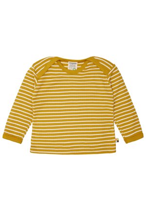 Gelbes Longsleeve-Shirt mit weißen horizontalen Streifen, geripptem Material und rundem Ausschnitt. Hat ein kleines Etikett an der Seite.