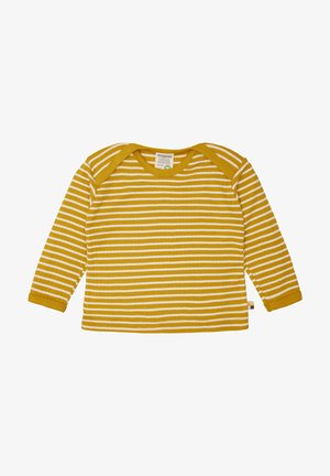 Gelbes Longsleeve-Shirt mit weißen horizontalen Streifen, geripptem Material und rundem Ausschnitt. Hat ein kleines Etikett an der Seite.