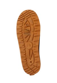 Gummisål med tekstureret mønster, der har riller og forhøjede detaljer for bedre greb. Farven er lysebrun med en glat kant.