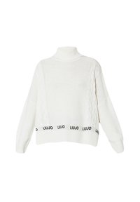 Witte kabelgebreide trui met hoge hals, oversized mouwen en een zwarte band aan de onderkant met de merknaam "LIUJO."