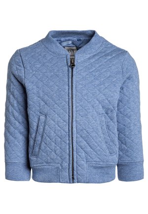 Blaue gesteppte Jacke mit Reißverschluss vorne, zwei Seitentaschen und gerippten Bündchen. Hergestellt aus einem strukturierten Stoff, mit rundem Kragen.