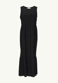 Zwarte mouwloze maxi-jurk van zachte stof, met een geraffineerde taille en een uitlopende onderkant met een gelaagde zoom.