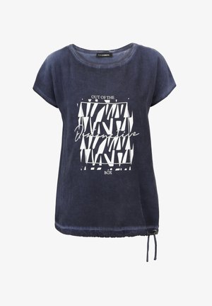 Navy blue T-shirt made from cotton, featuring a rounded neckline, short sleeves, and a graphic print with white geometric patterns.