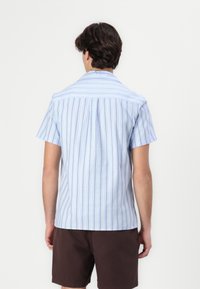 Camicia a maniche corte di colore azzurro chiaro con righe verticali in tonalità più scure, in cotone, vestibilità rilassata e con uno yoke sul retro.