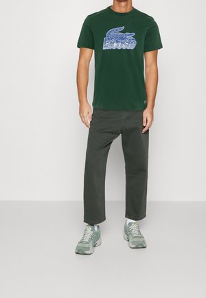 Camiseta de algodón verde con un logotipo gráfico de cocodrilo azul, combinada con pantalones verde oscuro y zapatillas gris verdoso.