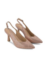 Décolleté fucsia con punta affusolata, caratterizzate da una texture in rete decorata con piccole strass e un tacco a blocco di 7 cm.