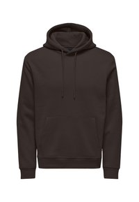 Donkerbruine hoodie van zacht materiaal, met een voorkant zak, verstelbare capuchon met trekkoord en geribde manchetten en zoom.
