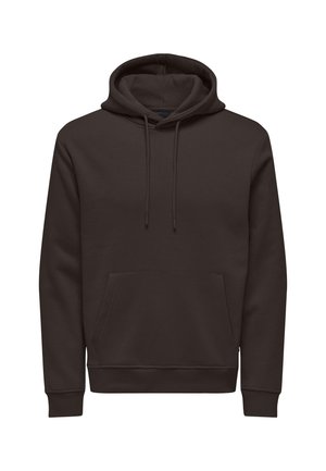 Donkerbruine hoodie van zacht materiaal, met een voorkant zak, verstelbare capuchon met trekkoord en geribde manchetten en zoom.