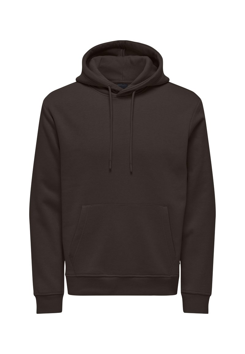 Donkerbruine hoodie van zacht materiaal, met een voorkant zak, verstelbare capuchon met trekkoord en geribde manchetten en zoom.