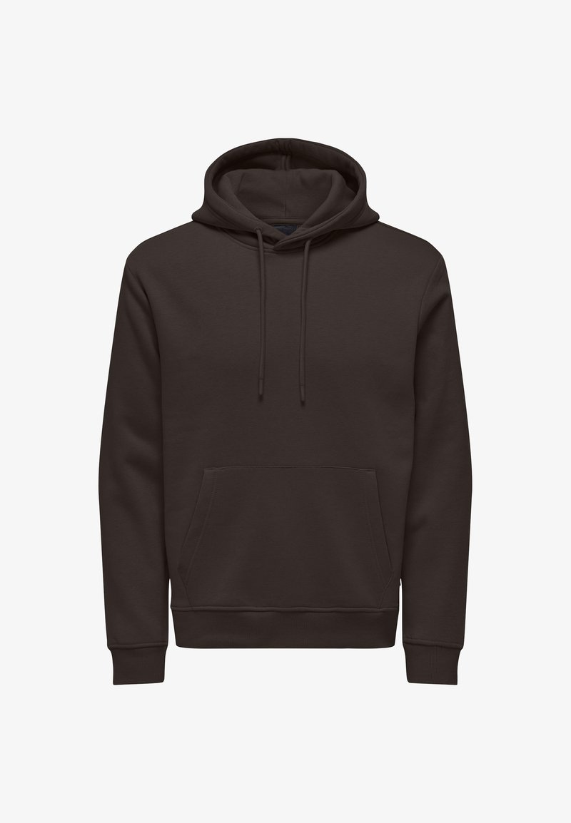 Donkerbruine hoodie van zacht materiaal, met een voorkant zak, verstelbare capuchon met trekkoord en geribde manchetten en zoom.