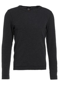 Men's long-sleeve shirt in dark gray, made of textured fabric, featuring a round neck, ribbed cuffs, and a straight hem. Brand label visible.