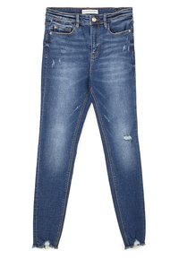 Blå skinny jeans i denim med hög midja, slitna detaljer och fransade fållar. Femfickorsdesign med knapp och dragkedja.