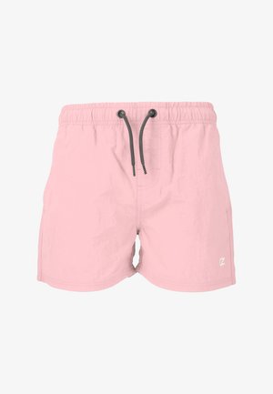 Vaaleanpunaiset uima-shortsit, jotka on valmistettu kevyestä kankaasta. Niissä on joustava vyötärönauhavyö mustalla kiristysnauhalla ja pieni valkoinen logo sivussa.