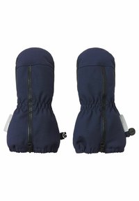 Navyfarbene Stoffhandschuhe mit Reißverschluss, gerafften elastischen Bündchen und einem schwarzen Akzent an der Handfläche für besseren Grip. Glatte Textur und langlebiges Design.
