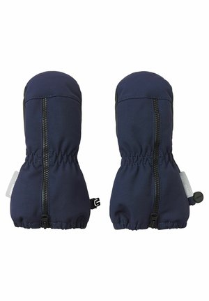 Navyfarbene Stoffhandschuhe mit Reißverschluss, gerafften elastischen Bündchen und einem schwarzen Akzent an der Handfläche für besseren Grip. Glatte Textur und langlebiges Design.