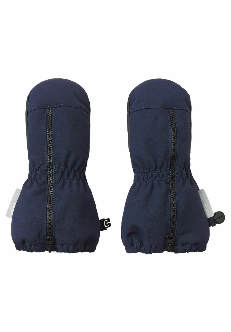 Navyfarbene Stoffhandschuhe mit Reißverschluss, gerafften elastischen Bündchen und einem schwarzen Akzent an der Handfläche für besseren Grip. Glatte Textur und langlebiges Design.